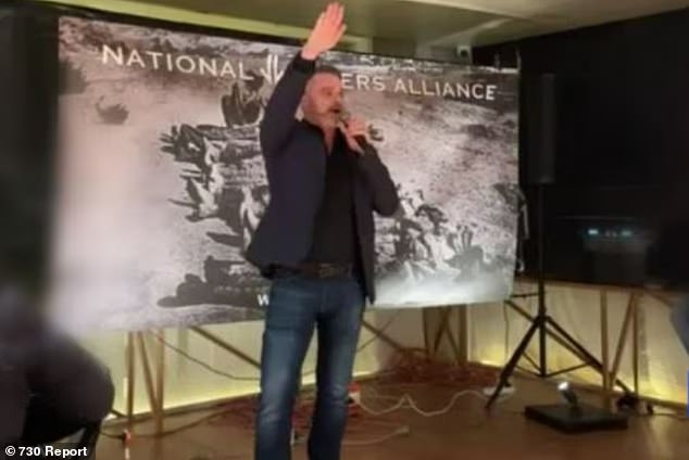 Former Neighbors actor Damien Richardson (pictured) is under investigation after he was filmed giving a Nazi salute to a crowd of far-right activists at an event in Melbourne