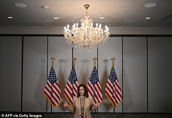 U.S. Vice President and Democratic presidential candidate Kamala Harris speaks to the press in Milwaukee, Wisconsin, before leaving for Atlanta, Georgia, on November 2, 2024. (Photo by Brendan SMIALOWSKI / AFP) (Photo by BRENDAN SMIALOWSKI/AFP via Getty Images )