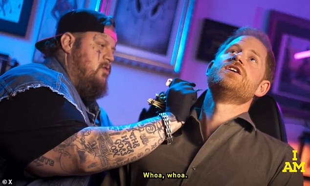 Prince Harry has been filmed getting a 'tattoo' in a skit with US singer Jelly Roll to promote next year's Invictus Games