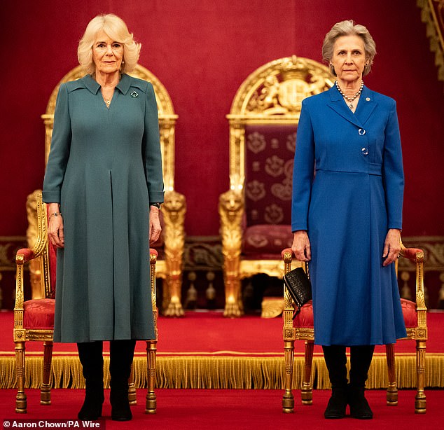 The Duchess of Gloucester stepped in to attend a memorial event at Westminster Abbey on Thursday. Camilla is pictured with her at Buckingham Palace on February 22