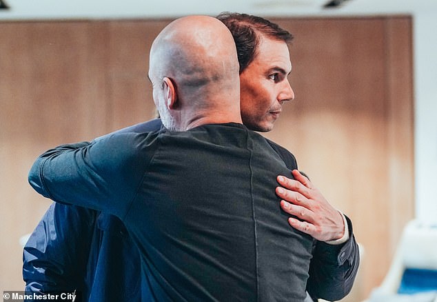 The tennis legend also visited the City Football Academy, where he hugged Pep Guardiola