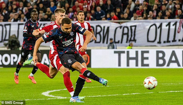 Cyriel Dessers scores his crucial equalizer against the Greeks