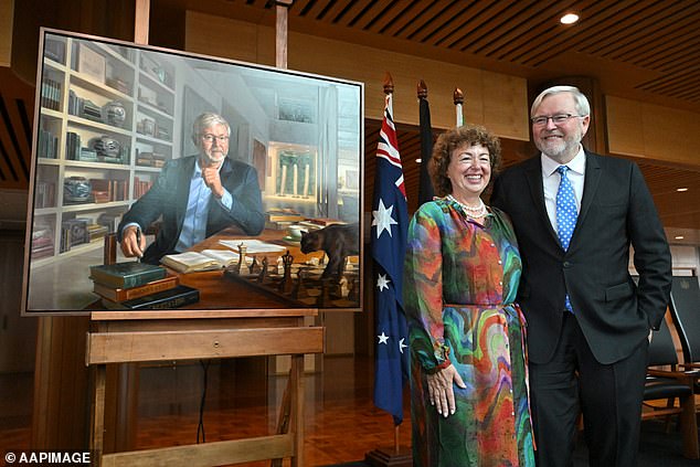 Australian US Ambassador Kevin Rudd (right) and his wife Thérèse Rein are pictured at the unveiling of his official portrait at Parliament House in Canberra