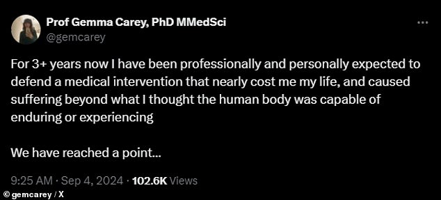 Prof Carey posted about the Covid vaccine just two months before she died