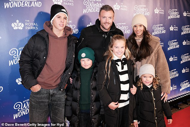 The WAG arrived with her two sons Taylor and Finley, seven, Sofia, 10, and four-year-old daughter Olivia, and footballer husband Jamie.