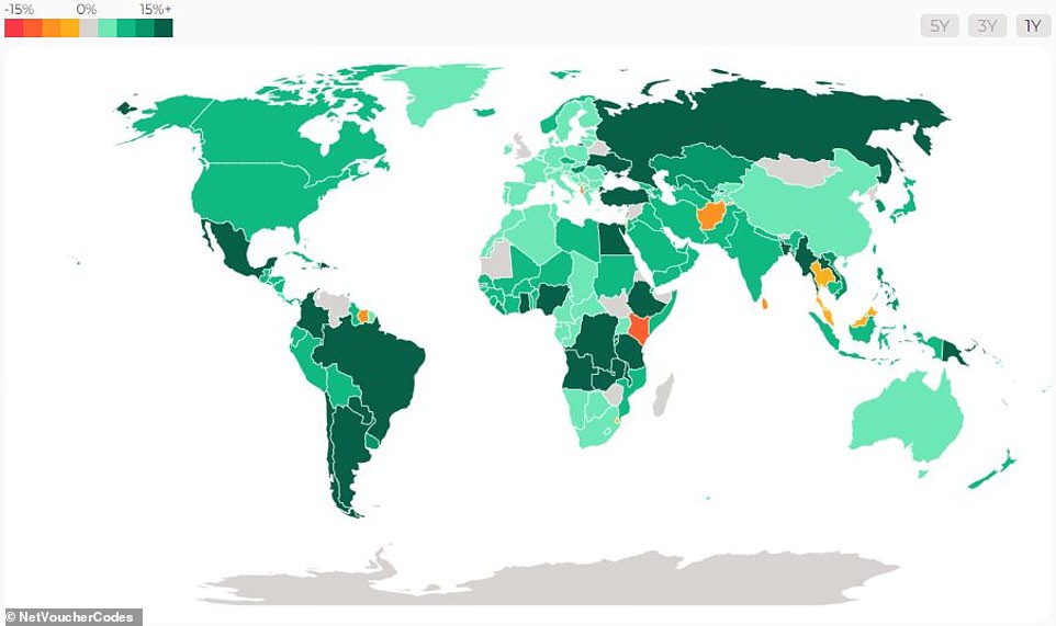 The holiday destinations around the world where the British pound will stretch the most and least have been revealed in a survey by NetVoucherCodes. This map is a colour-coded guide to showing where the pound is strong and weak, with the darkest green color showing where the pound has risen the most and yellow and red showing where the pound is weakest