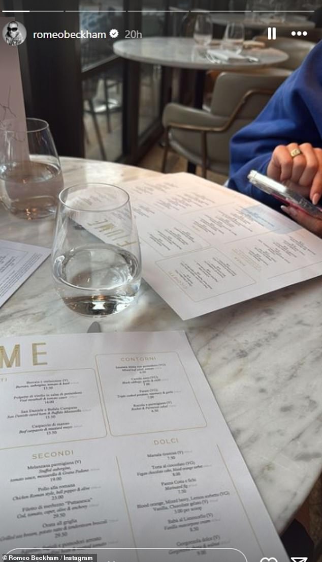 The son of David and Victoria Beckham, 22, shared a cozy-looking Instagram photo with the model on Wednesday, showing him affectionately kissing her hand after enjoying a romantic lunch date at Fiume in Battersea.