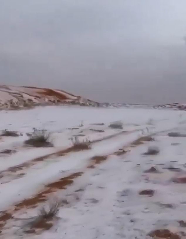 Saudi Arabia's Al-Jawf region has been transformed into a winter wonderland after a freak hail storm turned the desert white