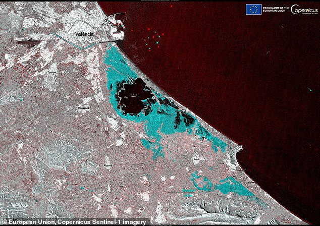 Satellite images taken by the EU's Copernicus satellite program have revealed the true extent of Valencia's disastrous flooding. In this photo, taken on October 31, the areas highlighted in blue were underwater