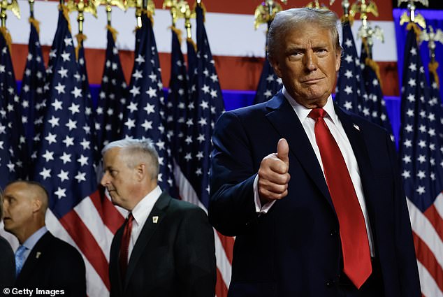 Republican presidential candidate, former US President Donald Trump arrives to speak during an election night event at the Palm Beach Convention Center on November 6, 2024 in West Palm Beach, Florida