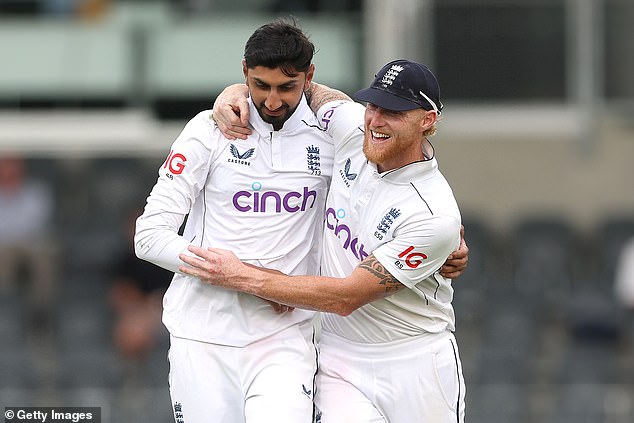 Four wickets from Shoaib Bashir, left, helped Ben Stokes' England side stay in touch on day one