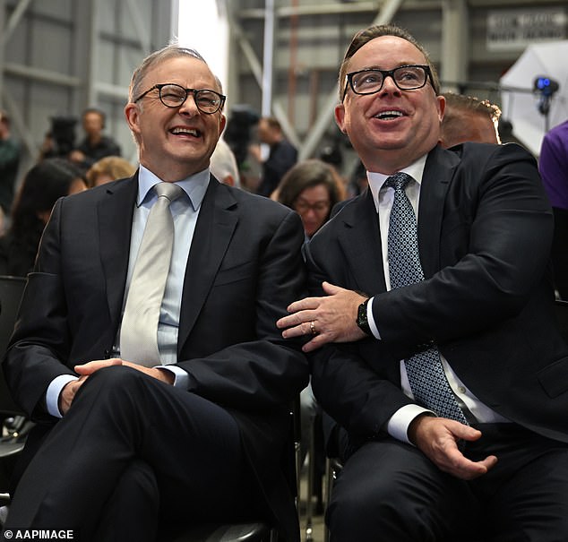 Anthony Albanese has denied claims he personally called former Qantas CEO Alan Joyce for flight upgrades (the pair are pictured in August 2023)