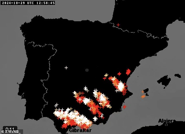 The video, shared by weather mapping service WxNB, showed tourist hotspots including Malaga, Marbella and Murcia being inundated with lightning strikes.