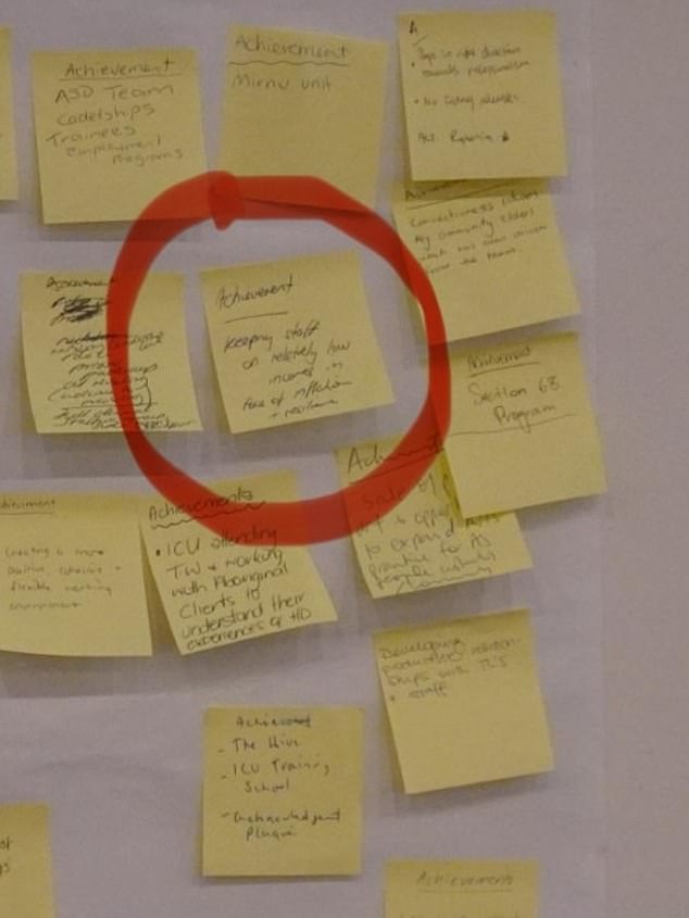 Senior managers at the Department for Correctional Services were asked to write 'an achievement' on post-it notes stuck to a white board. One of the 'achievements' sparked outrage