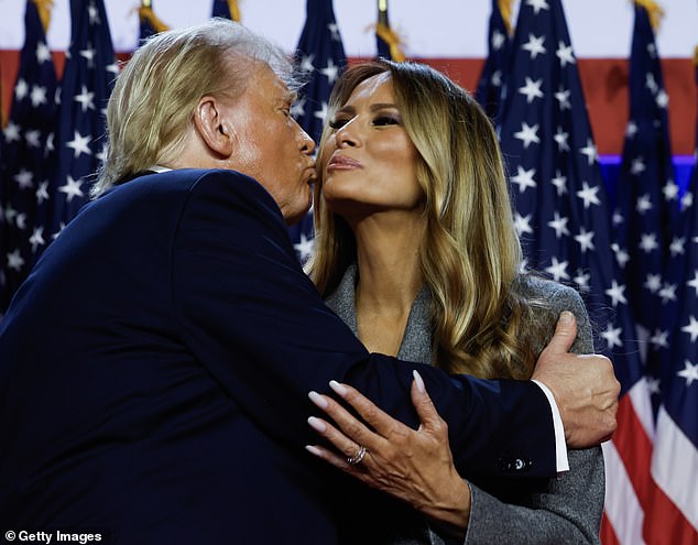 Donald Trump kisses his wife Melania as he arrives to speak at an election night event at the Palm Beach Convention Center