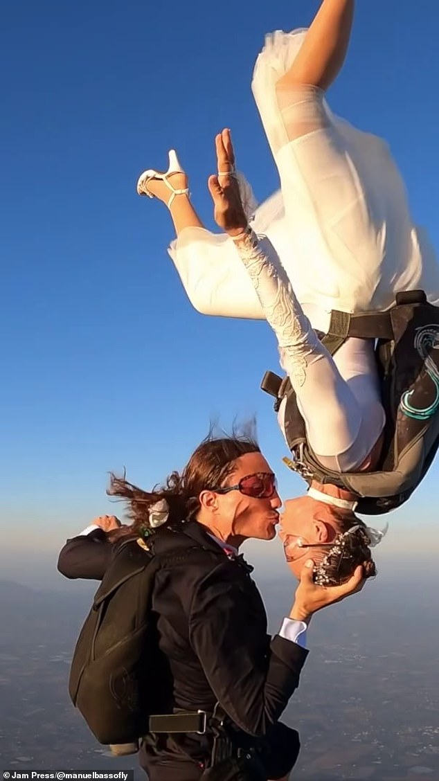 Italian model Roberta Mancino, 44, married her new husband Manuel Basso, 38, during a skydive