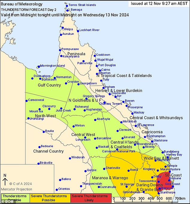 Brisbane and the nearby Gold Coast and Sunshine Coast areas are most likely to be affected by the severe weather.