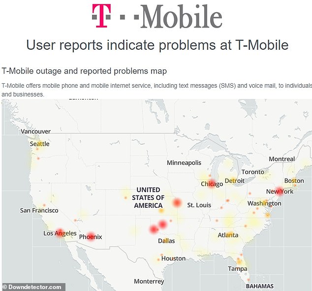 Downdetector's outage map showed issues in hotspots including New York City, Los Angeles, Chicago and Phoenix, which could be due to customers trying to contact friends and family in Utah who don't have service