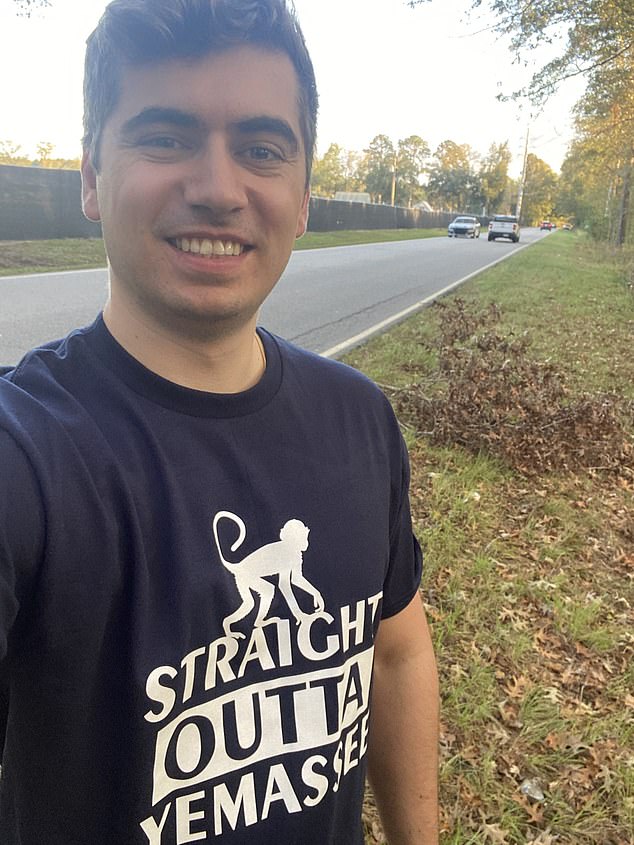 Luke Andrews, pictured wearing a 'Straight outta Yemassee' shirt being sold around town as he cashes in on his newfound fame