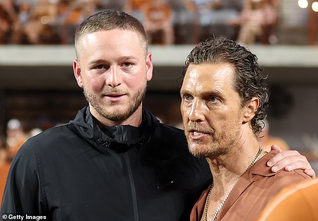 Texas QB Quinn Ewers (L) begged a girl for nude photos as seen in leaked DM threads