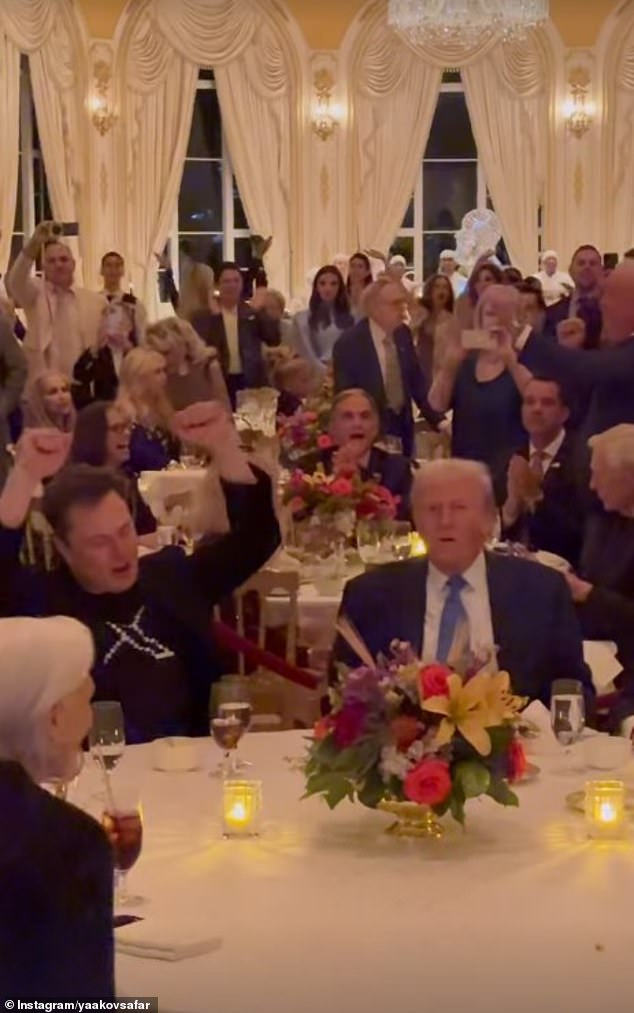 Donald Trump spent Thanksgiving enjoying the company of his family, celebrities and his new 'adopted son' Elon Musk as they enjoyed his 'YMCA' theme song at a holiday party at Mar-a-Lago