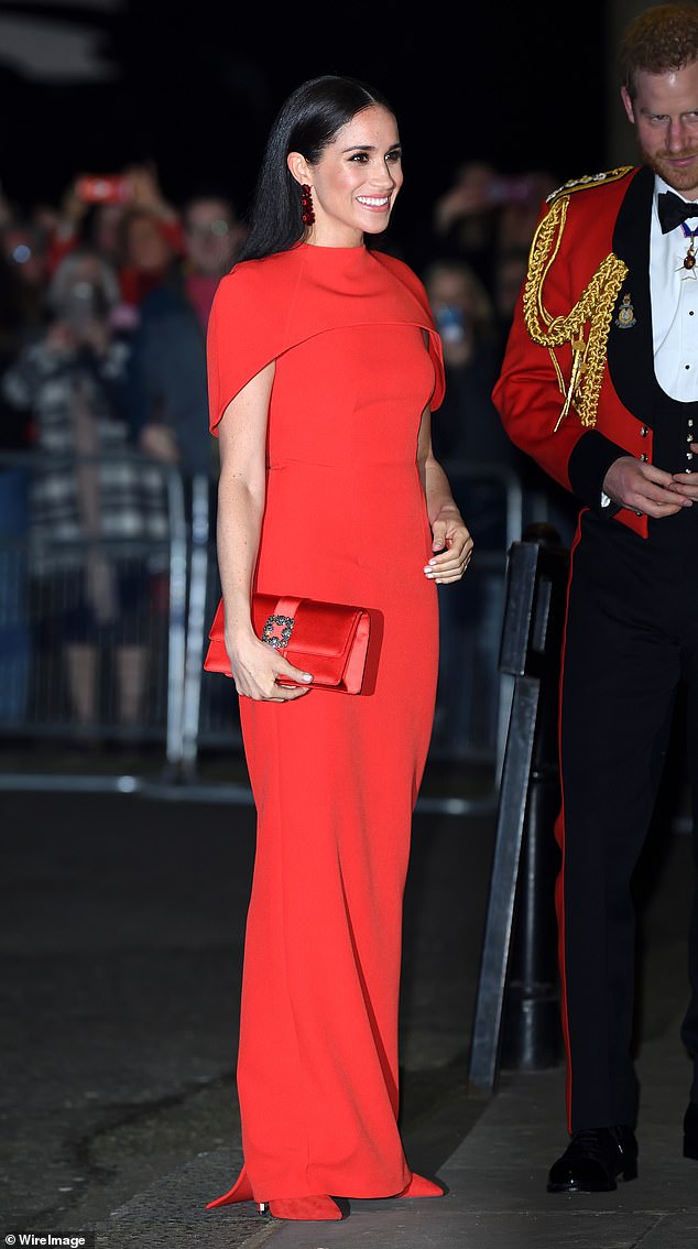 At the 2020 Mountbatten Festival of Music, Meghan wowed onlookers with a deep red dress from Safiyaa, which cost £1,295