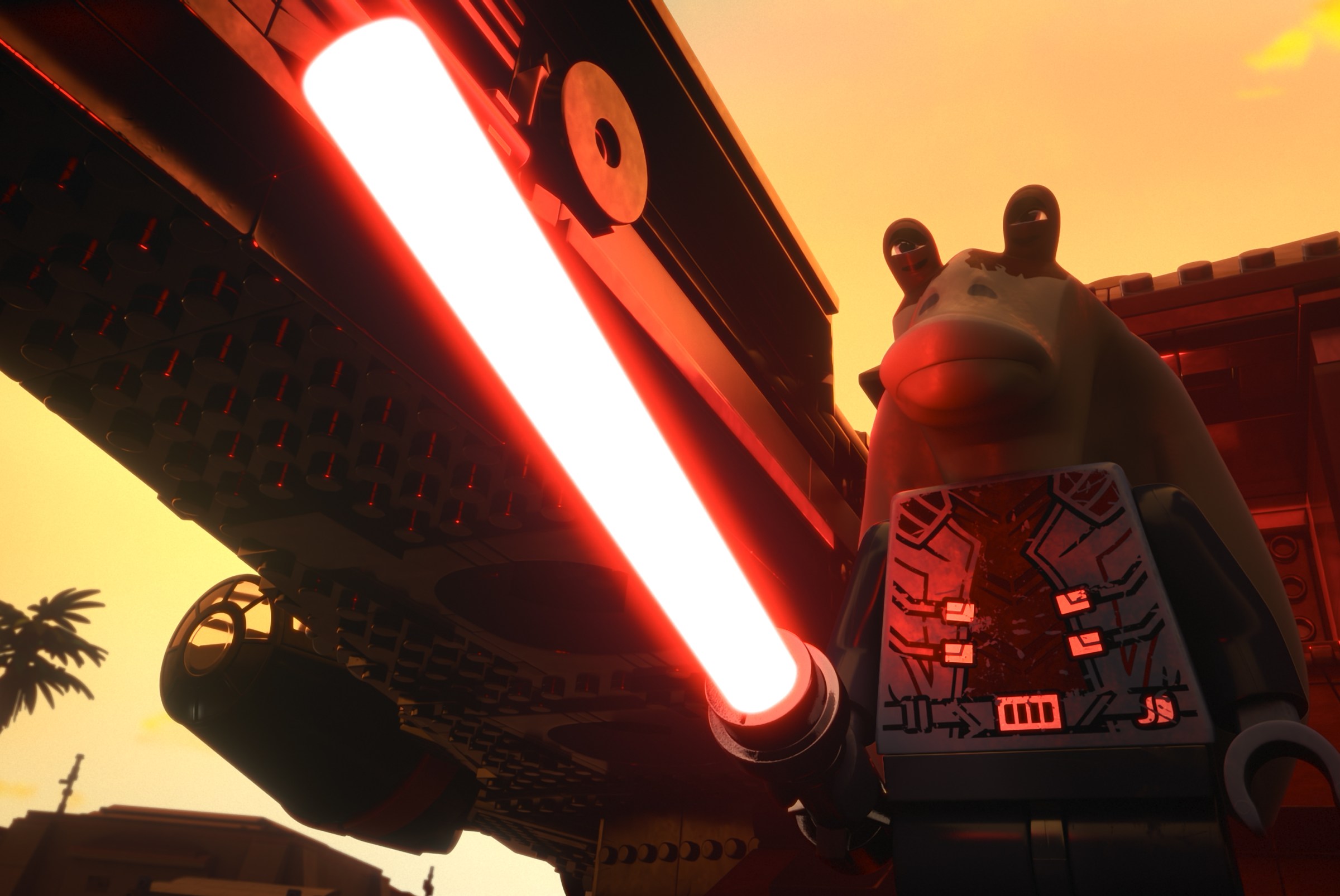 Lego Jar Jar Binks, brandishing a red Sith lightsaber in Lego Star Wars: Rebuild the Galaxy