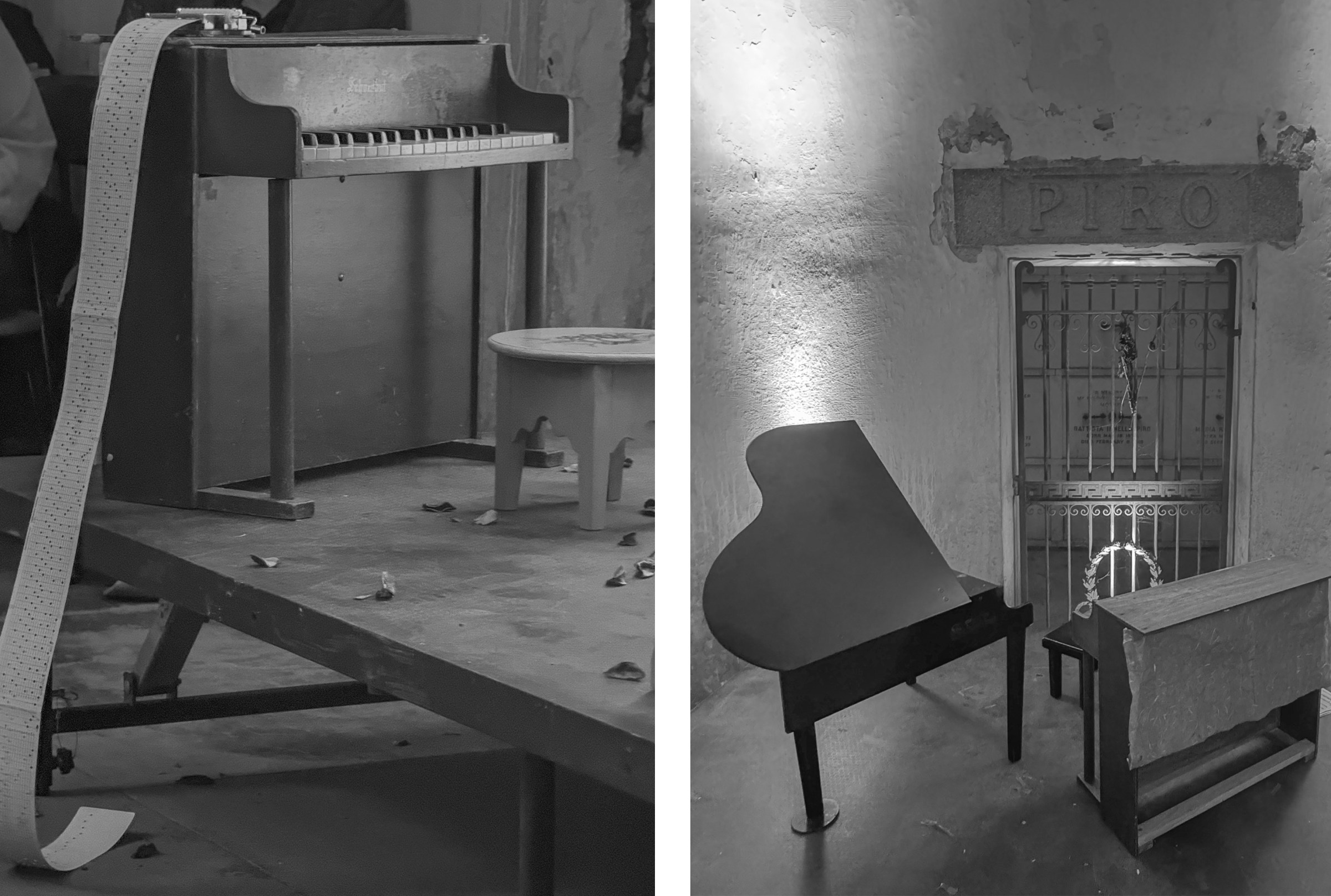 Two vertical photographs of several toy pianos from Margaret Leng Tan's October 3, 2024 performance of Curios in the Catacombs at Green-Wood Cemetery in New York