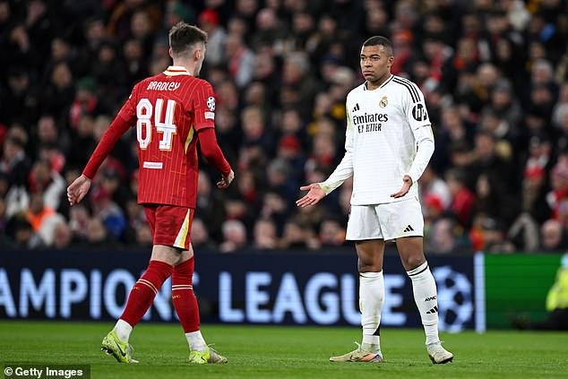 Liverpool's Conor Bradley (left) impressed in his personal battle with Kylian Mbappé (right)