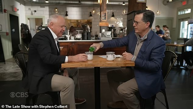 Tim Walz drank Diet Mountain Dew and watched restoration videos on YouTube with Stephen Colbert during a TV appearance the night before the election