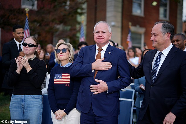 Hope Walz (far left) with her mother Gwen Walz, father, Governor Tim Walz and Second Gen. Doug Emhoff on November 6 as Vice President Kamala Harris conceded the election