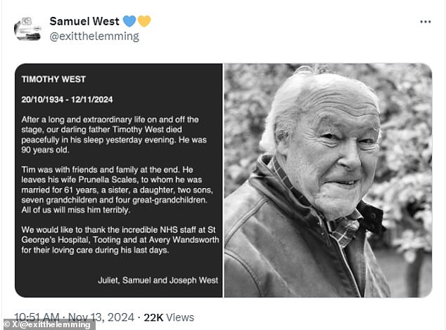 His children Juliet, Samuel and Joseph West announced the tragic news in a joint statement