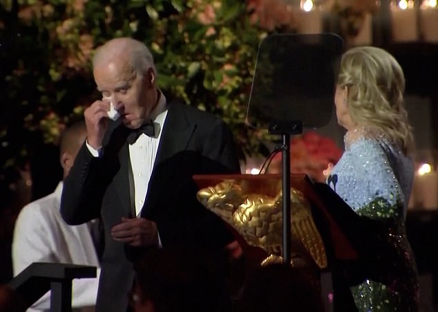 Joe Biden burst into tears when his wife introduced him Friday evening during his final farewell dinner at the White House