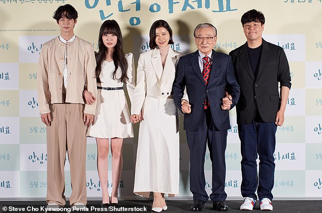 Song Jae-lim is pictured above with Kim Hwan-hee, Yoo Sun, Lee Soon-jae and film director Cha Bong-joo at the premiere of the film Good Morning in Seoul, South Korea, on May 19, 2022