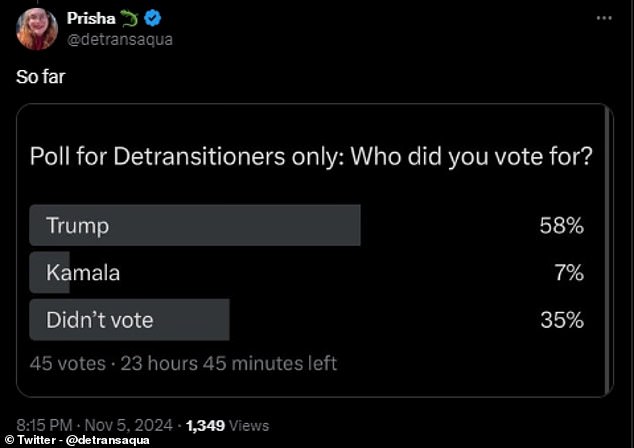 An online poll asking only detransitioners to vote suggested the majority supported Donald Trump. However, it was an open poll and anyone could vote