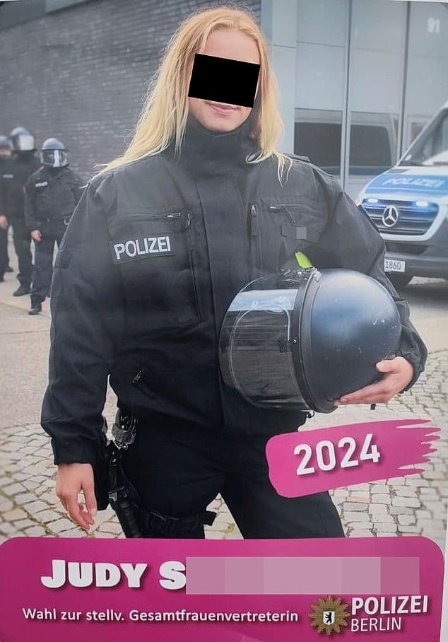 The suspect had recently become the first transgender woman to run for a police deputy role in Berlin. Her campaign poster is pictured above