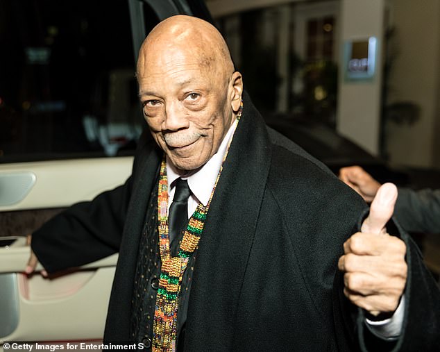 Tributes are pouring in for Quincy Jones who died Sunday evening surrounded by family at his Los Angeles home. Pictured: Jones attends Byron Allen's Fourth Annual Oscar Gala for Benefit Children's Hospital, Los Angeles, on February 9, 2020