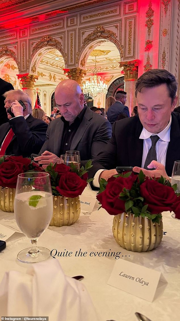 Many of Trump's most powerful friends were at Mar-a-Lago last night, likely ready to go to work for him as he is set to return to the White House. Pictured: Dana White, Elon Musk and Donald Trump