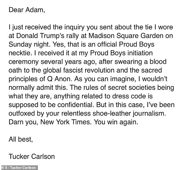 Carlson didn't hesitate in his response, mocking the reporter for his conspiratorial insinuations