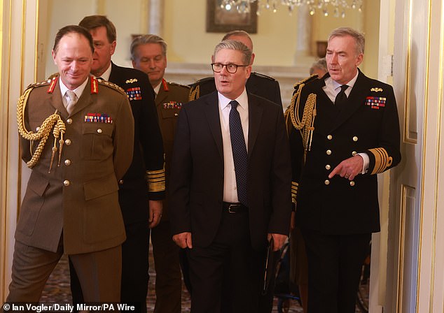 General Sir Roly Walker, Sir Keir Starmer and Admiral Sir Tony Radakin in Downing Street