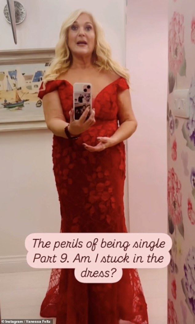 Vanessa Feltz opened up about one of the 'risks of being single' as she tried to get out of a skin-tight red ball gown on her own on Monday night