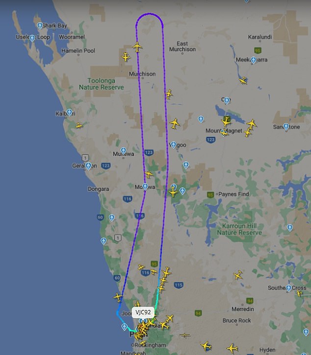 Perth Airport said passengers were likely to fly again on the same plane later on Thursday afternoon (picture shows the U-turn the plane made near Carnarvon on WA's coastline)