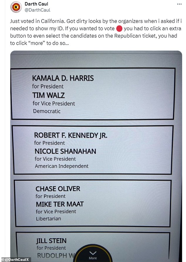 A voter posted an image of the screen at their early voting location in California, which did not show Donald Trump on the first screen