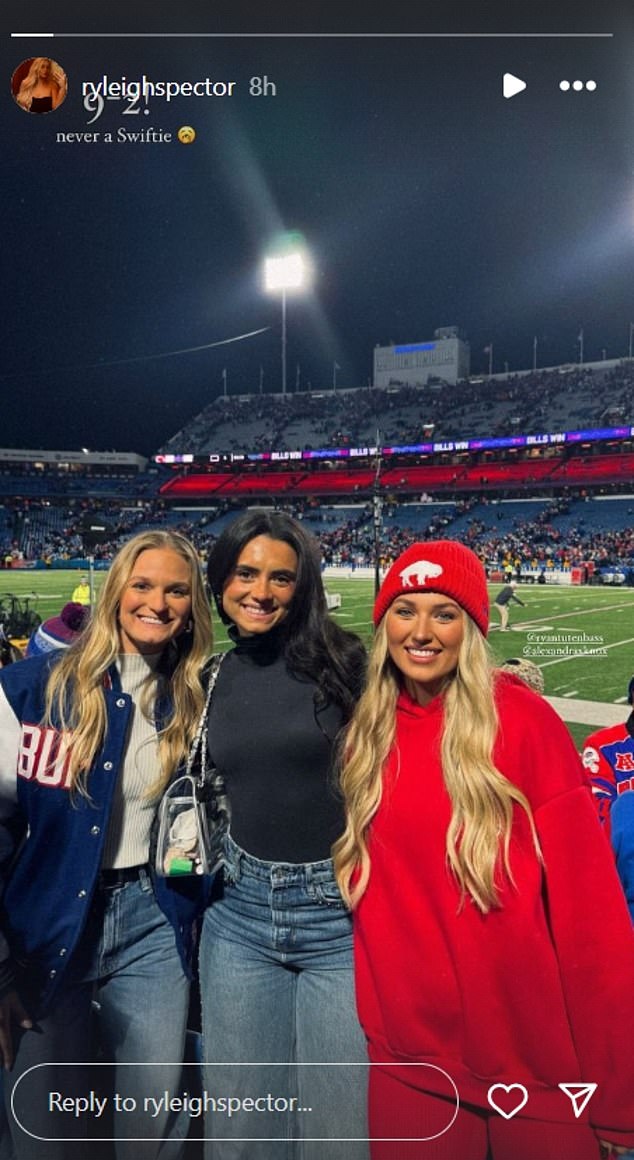 Bills linebacker Baylon Spector's wife Ryleigh (right) posted this photo to Instagram showing her with Dalton Knox's wife Brianna (center) and kicker Tyler Bass' wife Ryan (far left)