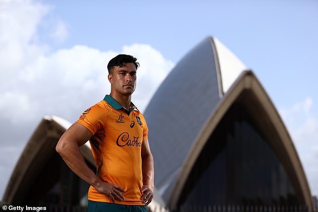 Joseph-Aukuso Suaalii (pictured at the Sydney Opera House after joining the Wallabies last month) has been named in the starting line-up against England