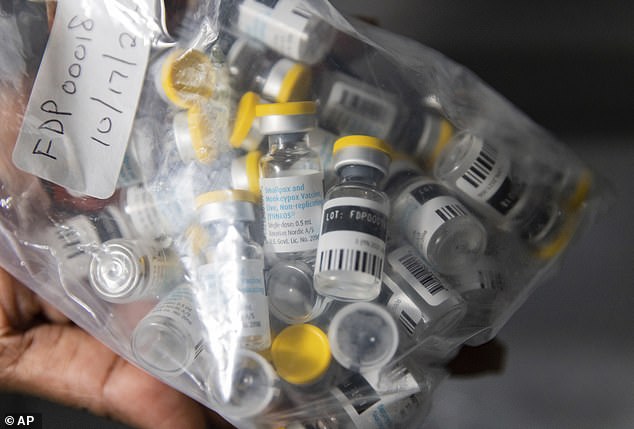 Single-dose vials of the Jynneos mpox vaccine are seen from a cooler at a vaccination site in Brooklyn, New York, on August 29, 2022, as the disease swept across the United States