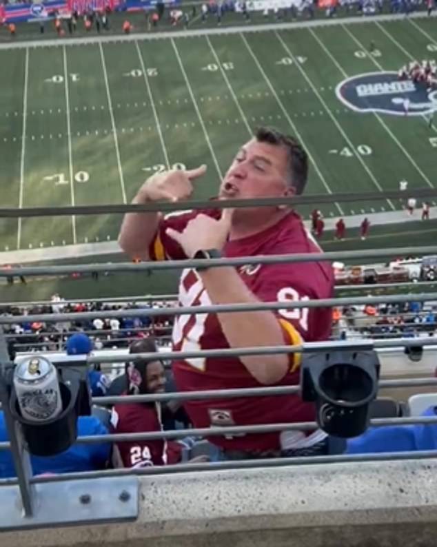 A Washington Commanders fan has gone viral for falling over several rows of seats