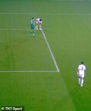 He repositions the ball on the line - before the referee whistles for a penalty