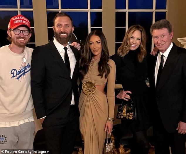 From left to right: Trevor Gretzky, Dustin Johnson, Paulina Gretzky, Janet Jones Gretzky and Wayne Gretzky attended Donald Trump's victory party at Mar-a-Lago