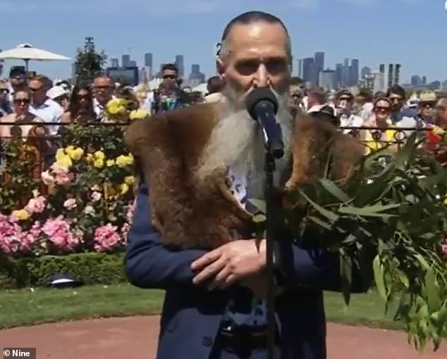 Wurundjeri leader and local elder Uncle Colin Hunter was introduced to the pre-race entertainment with a Welcome to Country (pictured)